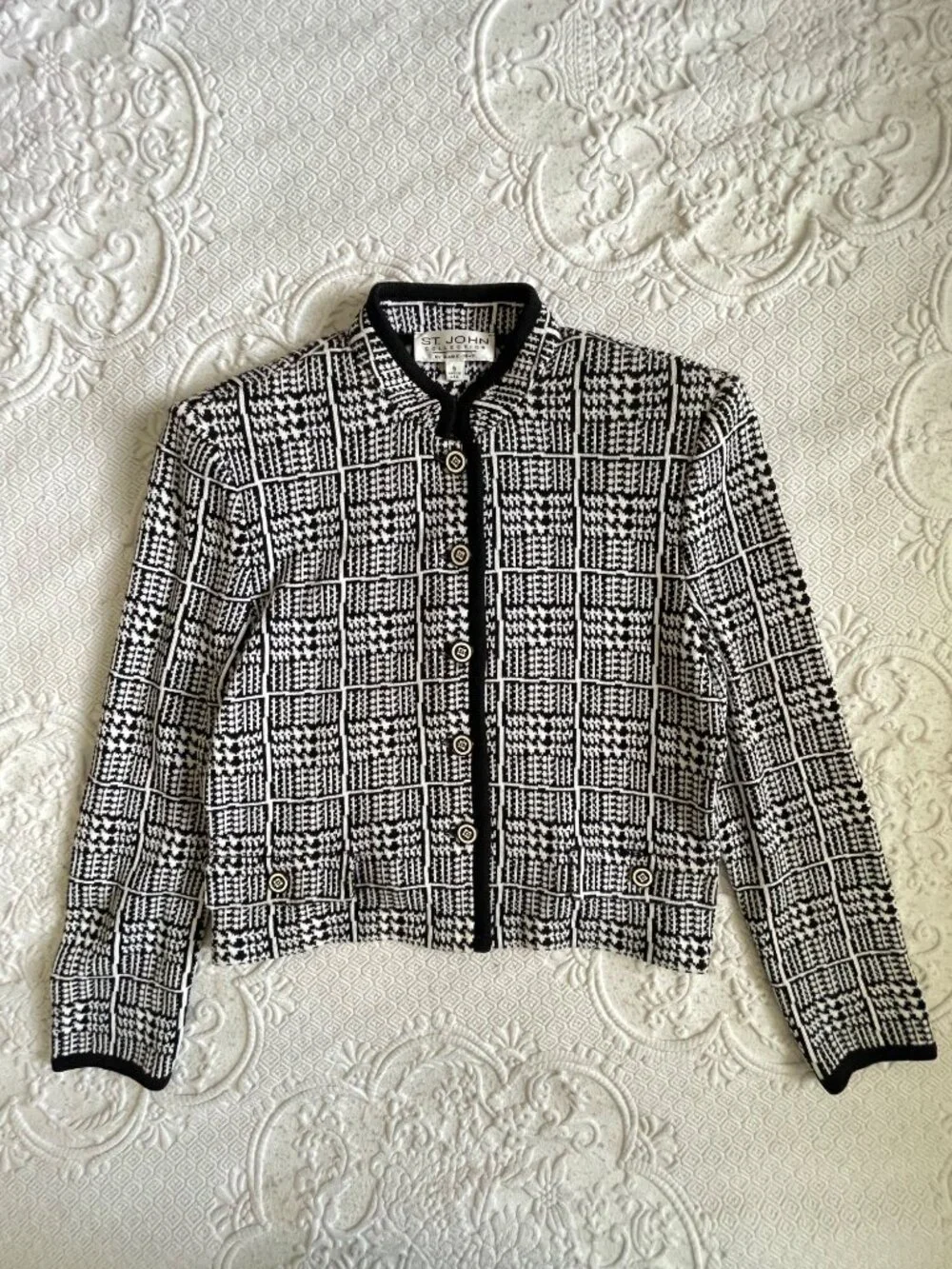 St. John Collection Old Money Abstract Houndstooth Black + White Knit Jacket 8